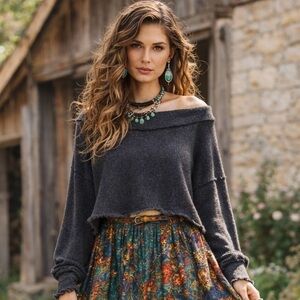 Free People We The Free Charcoal Off-Shoulder Oversized Sweater